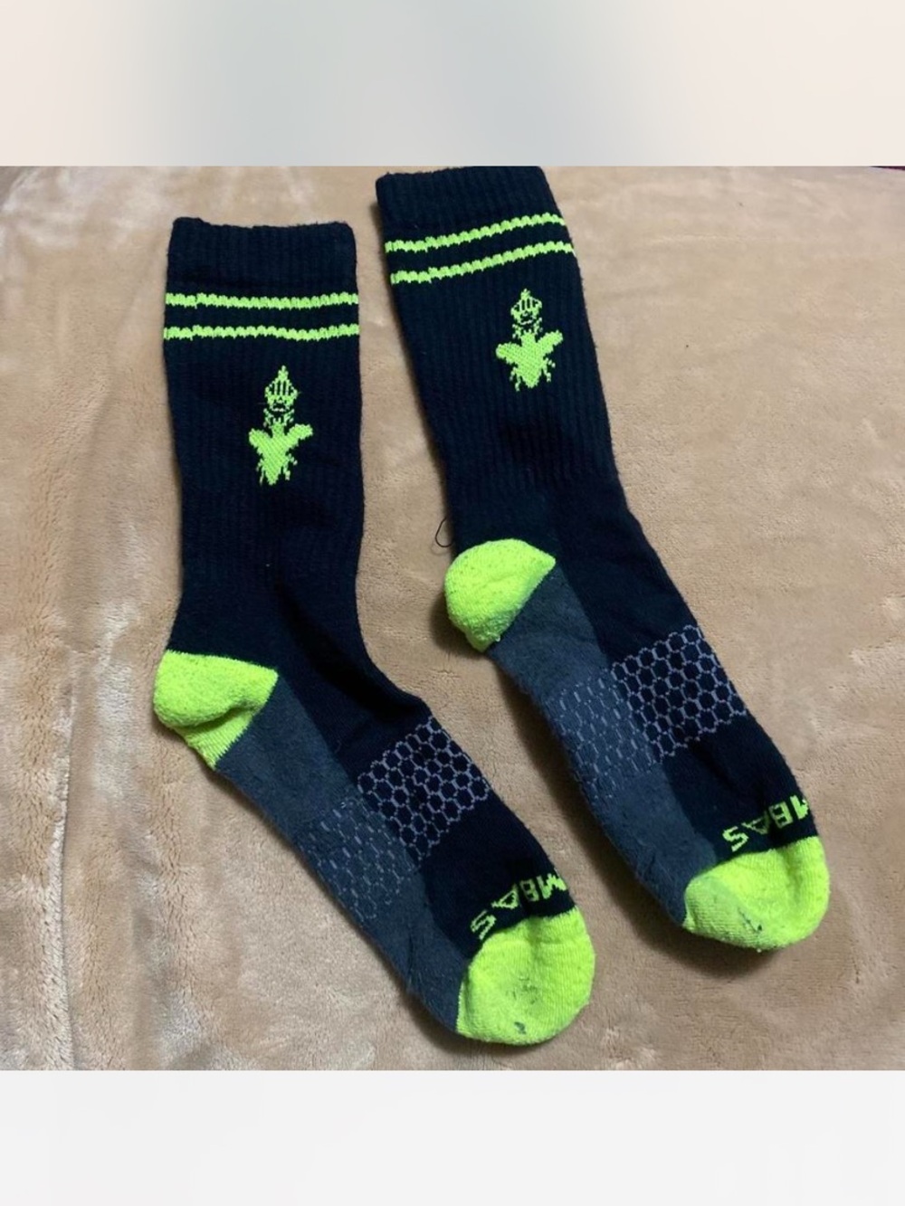 Bombas Black Crew Socks with Neon Green Accents